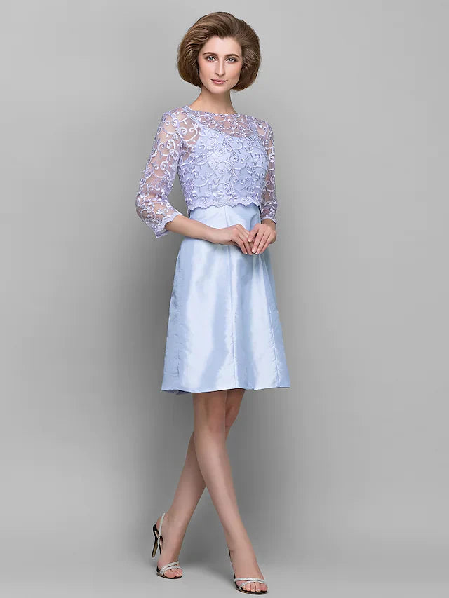 Wholesale Mother of the Bride Dress Convertible Dress Bateau Neck Knee Length Lace Taffeta Length Sleeve with Lace
